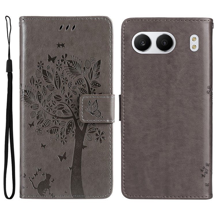 KT Imprinting Flower Series-3 For OnePlus Nord 4 Case Cat Tree Pattern Flip Leather Phone Cover - Grey