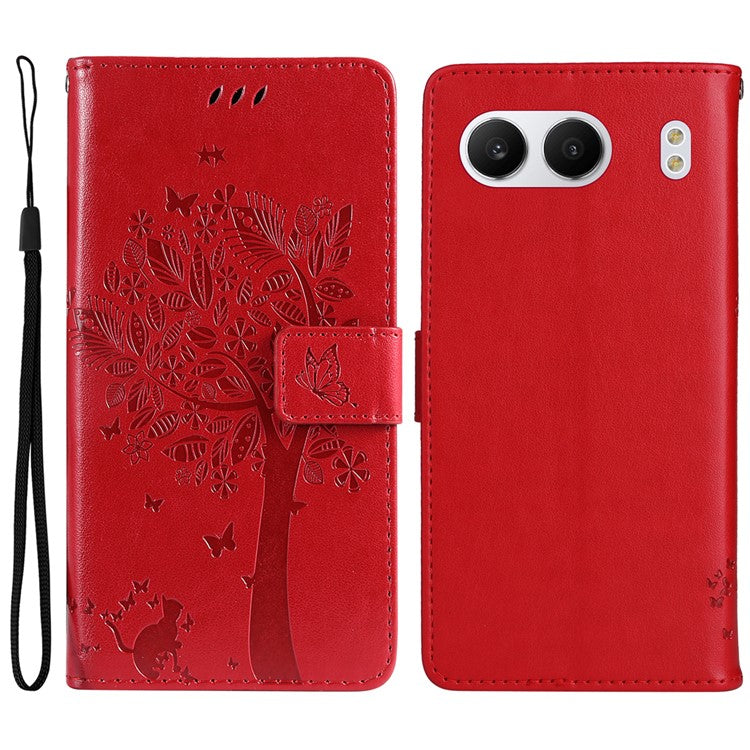 KT Imprinting Flower Series-3 For OnePlus Nord 4 Case Cat Tree Pattern Flip Leather Phone Cover - Red