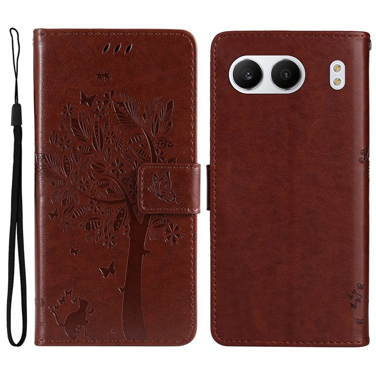 KT Imprinting Flower Series-3 For OnePlus Nord 4 Case Cat Tree Pattern Flip Leather Phone Cover - Coffee