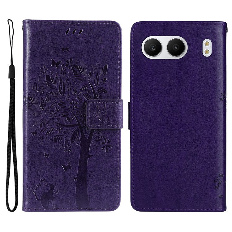 KT Imprinting Flower Series-3 For OnePlus Nord 4 Case Cat Tree Pattern Flip Leather Phone Cover - Dark Purple