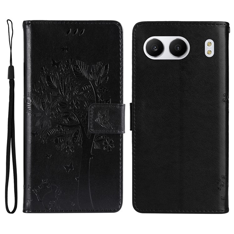 KT Imprinting Flower Series-3 For OnePlus Nord 4 Case Cat Tree Pattern Flip Leather Phone Cover - Black