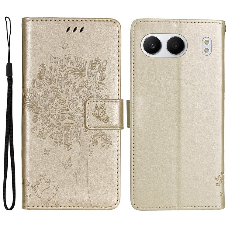 KT Imprinting Flower Series-3 For OnePlus Nord 4 Case Cat Tree Pattern Flip Leather Phone Cover - Gold