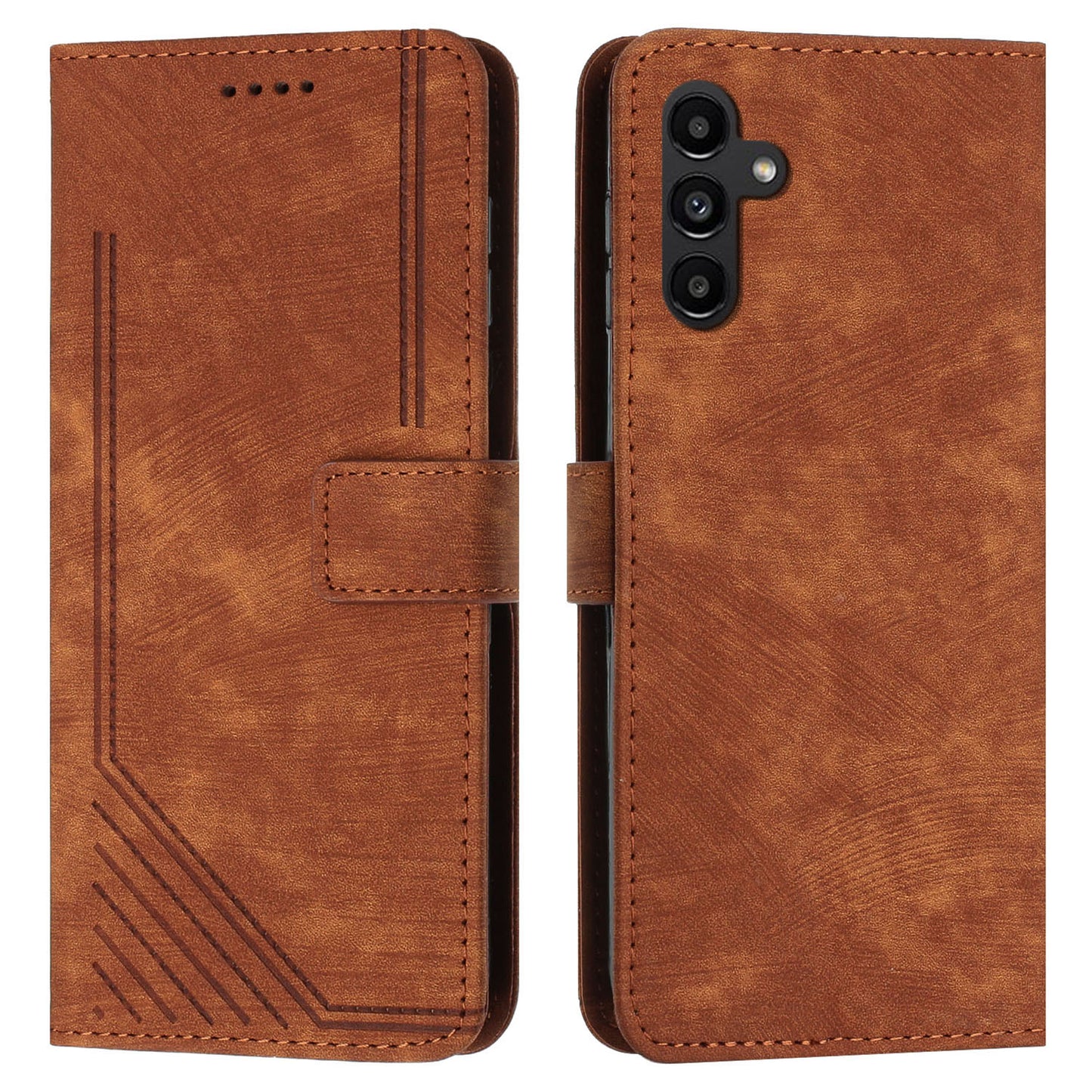 For Samsung Galaxy A16 5G / A16 4G Case Imprinted Lines Leather Phone Cover Bookstyle Folding Stand - Brown