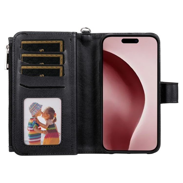 KT Multi-functional Series-4 for iPhone 16 Pro Case Detachable PU Leather Zipper Flip Wallet Phone Cover - Black
