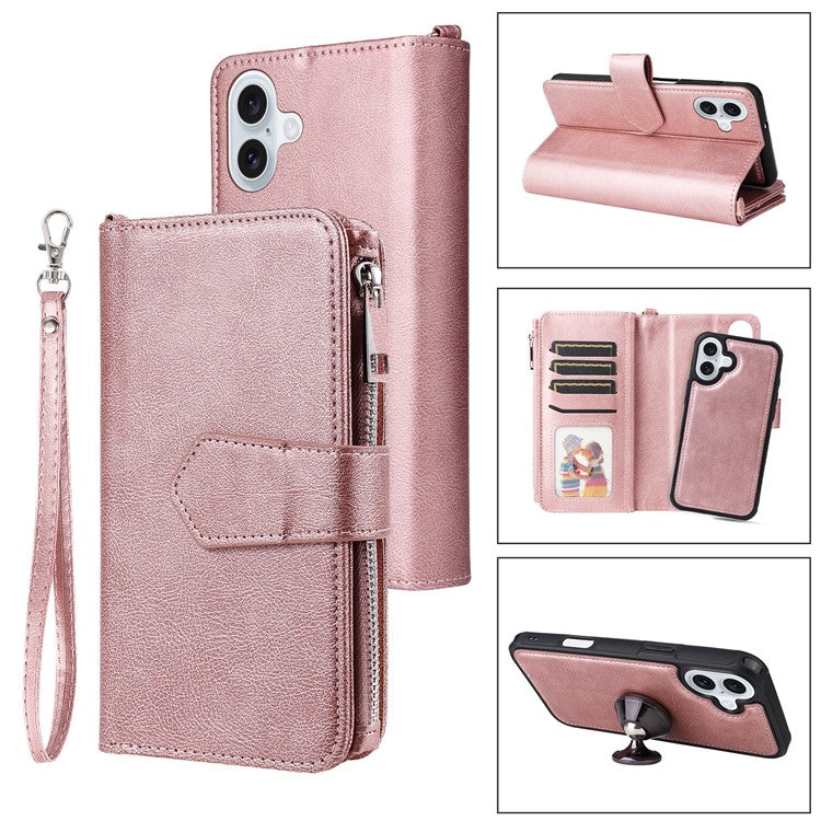 KT Multi-Functional Series-4 for iPhone 16 Plus Case Detachable PU Leather Zipper Flip Wallet Phone Cover - Rose Gold
