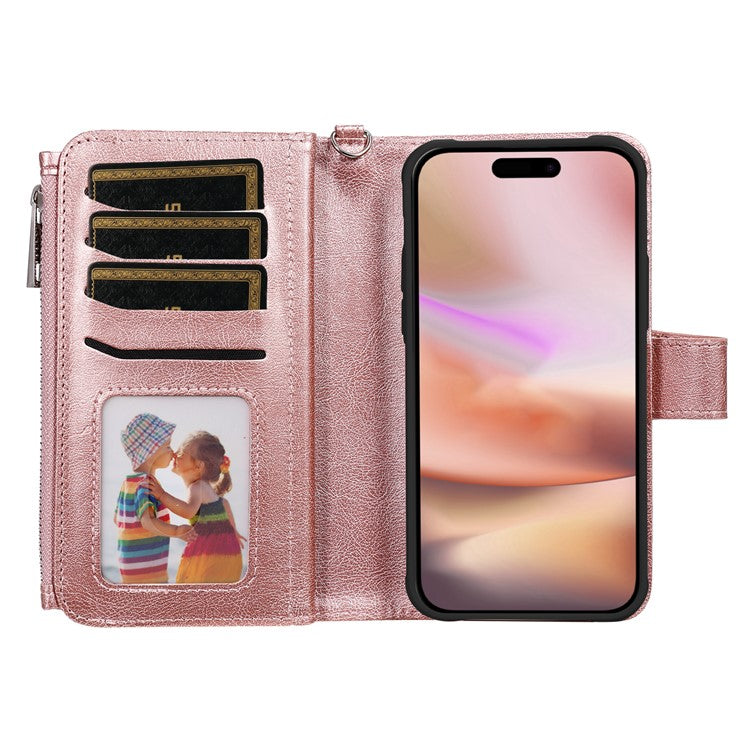 KT Multi-Functional Series-4 for iPhone 16 Plus Case Detachable PU Leather Zipper Flip Wallet Phone Cover - Rose Gold