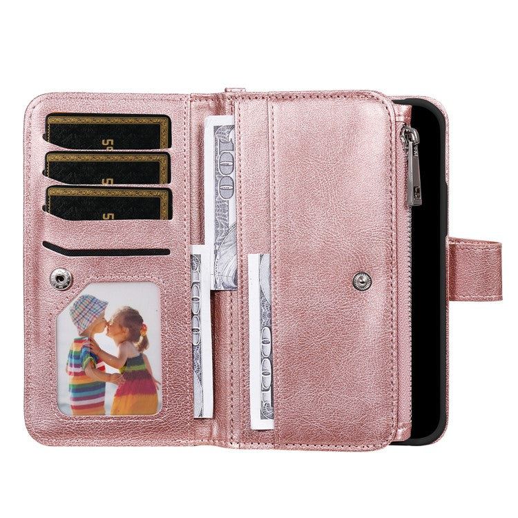 KT Multi-Functional Series-4 for iPhone 16 Plus Case Detachable PU Leather Zipper Flip Wallet Phone Cover - Rose Gold