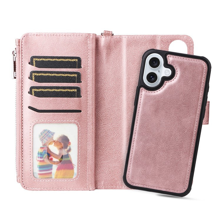 KT Multi-Functional Series-4 for iPhone 16 Plus Case Detachable PU Leather Zipper Flip Wallet Phone Cover - Rose Gold