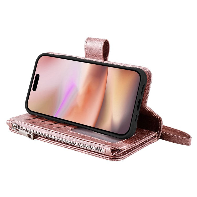 KT Multi-Functional Series-4 for iPhone 16 Plus Case Detachable PU Leather Zipper Flip Wallet Phone Cover - Rose Gold