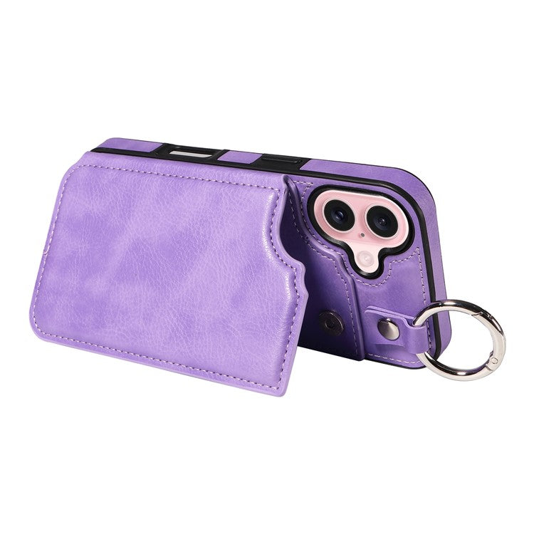 003 For iPhone 16 Case Card Slots Leather Phone Cover Double Magnetic Clasp, Ring Buckle - Light Purple