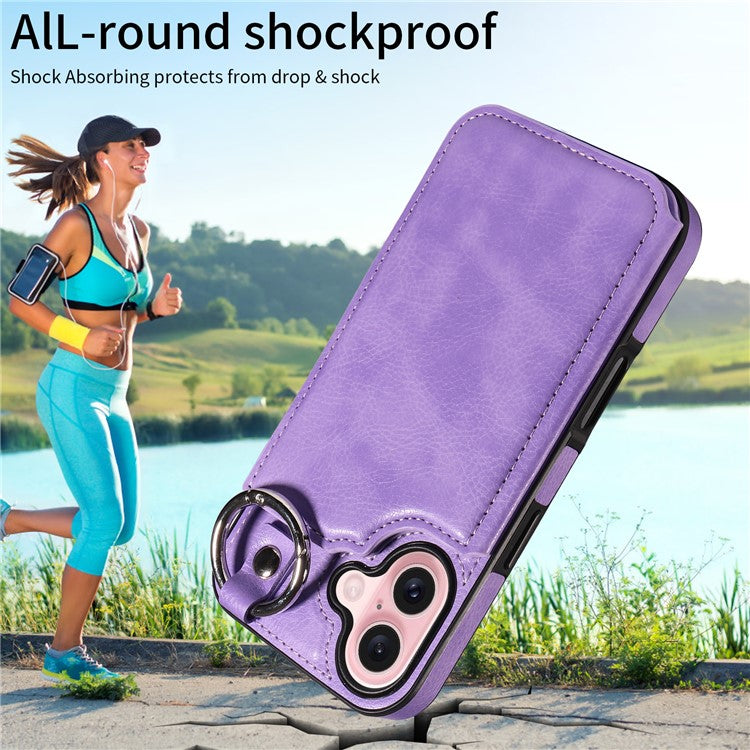 003 For iPhone 16 Case Card Slots Leather Phone Cover Double Magnetic Clasp, Ring Buckle - Light Purple