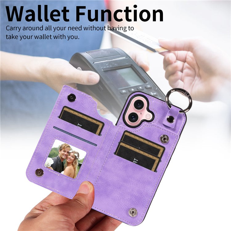 003 For iPhone 16 Case Card Slots Leather Phone Cover Double Magnetic Clasp, Ring Buckle - Light Purple