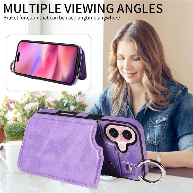 003 For iPhone 16 Case Card Slots Leather Phone Cover Double Magnetic Clasp, Ring Buckle - Light Purple