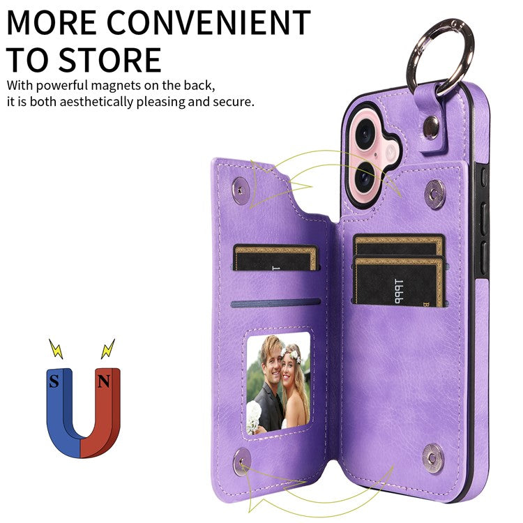 003 For iPhone 16 Case Card Slots Leather Phone Cover Double Magnetic Clasp, Ring Buckle - Light Purple