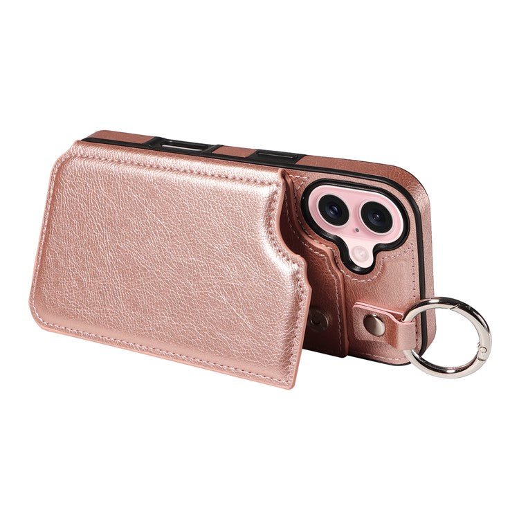 003 For iPhone 16 Case Card Slots Leather Phone Cover Double Magnetic Clasp, Ring Buckle - Rose Gold