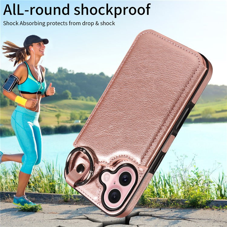 003 For iPhone 16 Case Card Slots Leather Phone Cover Double Magnetic Clasp, Ring Buckle - Rose Gold