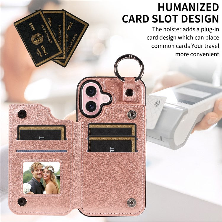 003 For iPhone 16 Case Card Slots Leather Phone Cover Double Magnetic Clasp, Ring Buckle - Rose Gold