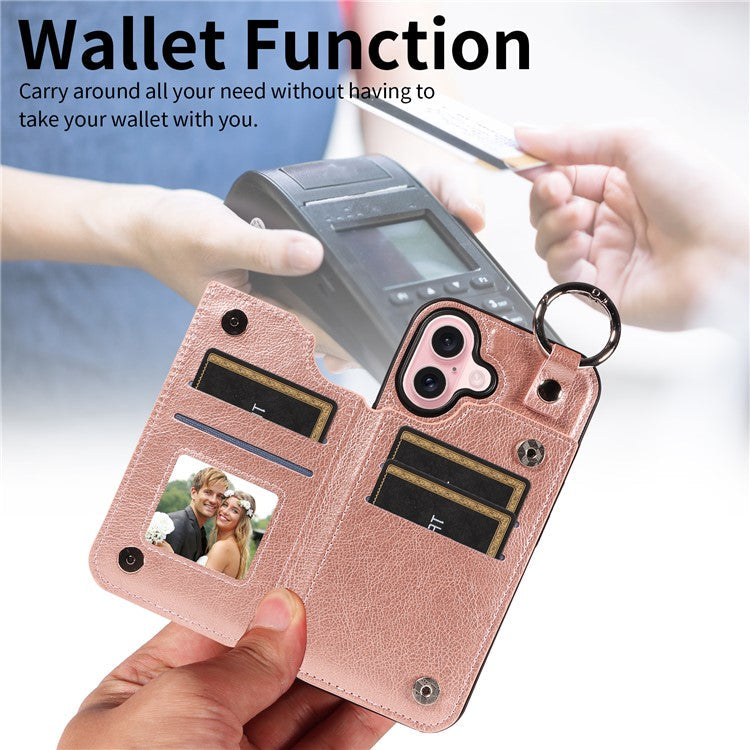 003 For iPhone 16 Case Card Slots Leather Phone Cover Double Magnetic Clasp, Ring Buckle - Rose Gold