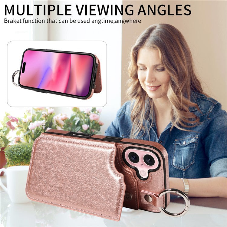 003 For iPhone 16 Case Card Slots Leather Phone Cover Double Magnetic Clasp, Ring Buckle - Rose Gold
