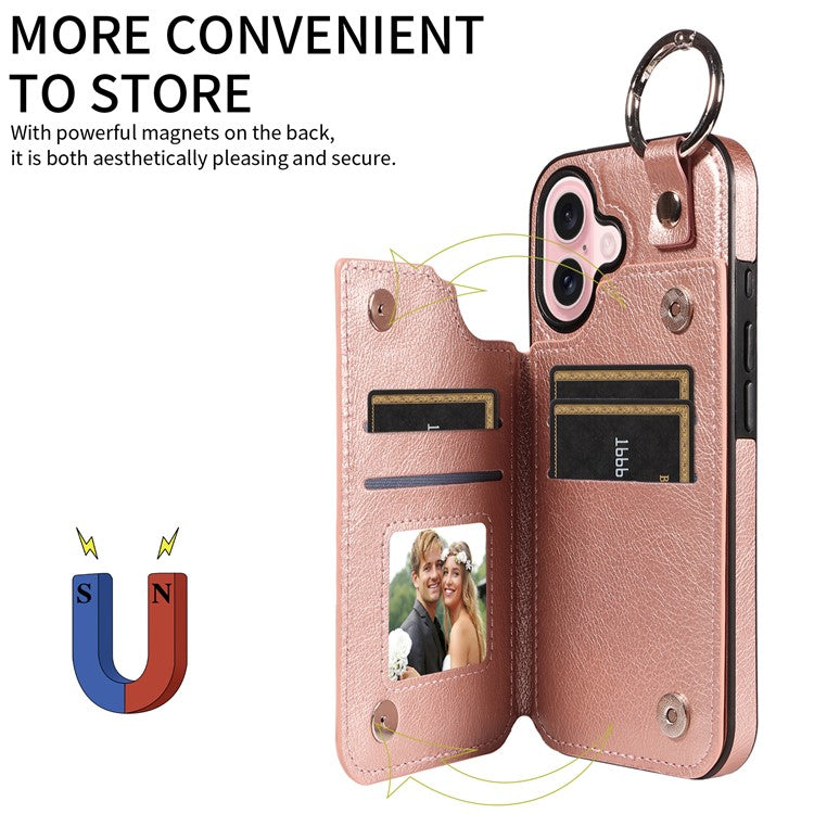 003 For iPhone 16 Case Card Slots Leather Phone Cover Double Magnetic Clasp, Ring Buckle - Rose Gold