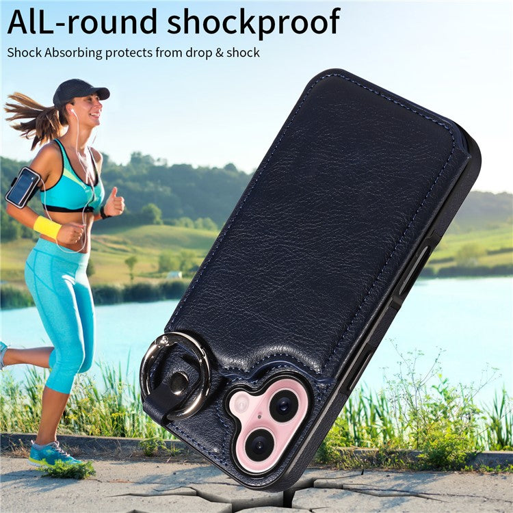 003 For iPhone 16 Case Card Slots Leather Phone Cover Double Magnetic Clasp, Ring Buckle - Sapphire