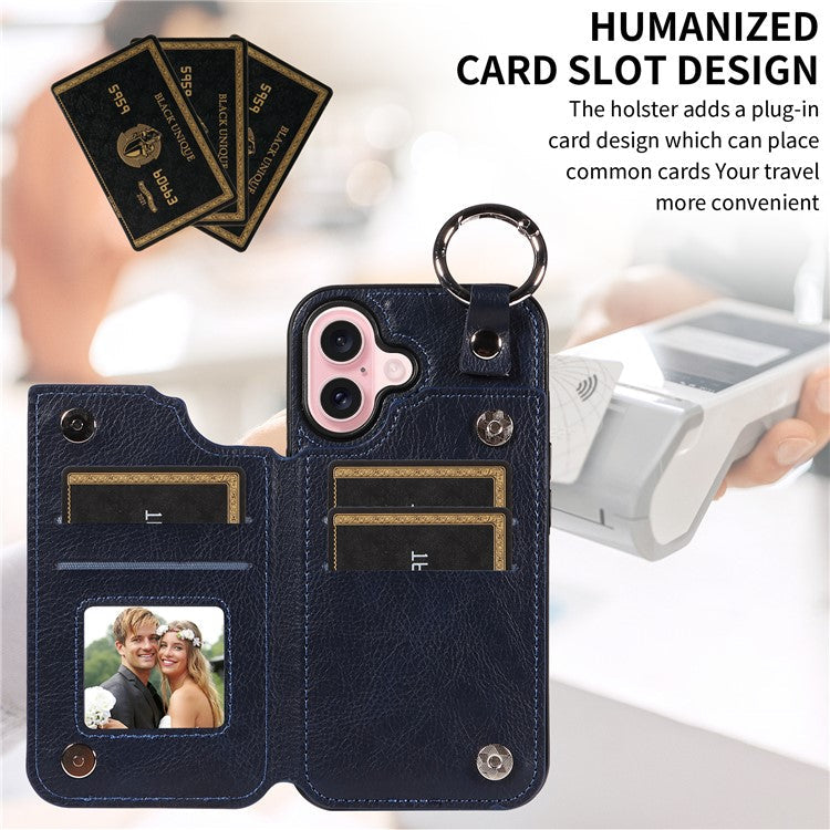 003 For iPhone 16 Case Card Slots Leather Phone Cover Double Magnetic Clasp, Ring Buckle - Sapphire