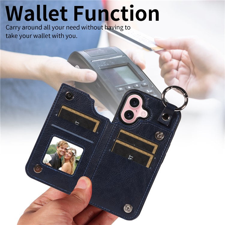 003 For iPhone 16 Case Card Slots Leather Phone Cover Double Magnetic Clasp, Ring Buckle - Sapphire