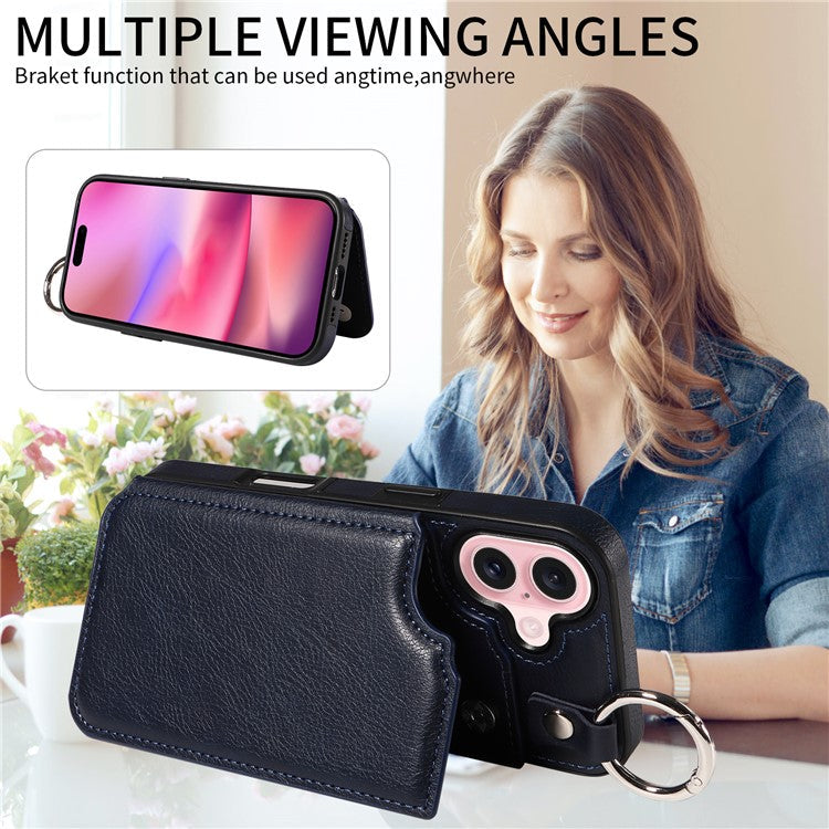 003 For iPhone 16 Case Card Slots Leather Phone Cover Double Magnetic Clasp, Ring Buckle - Sapphire