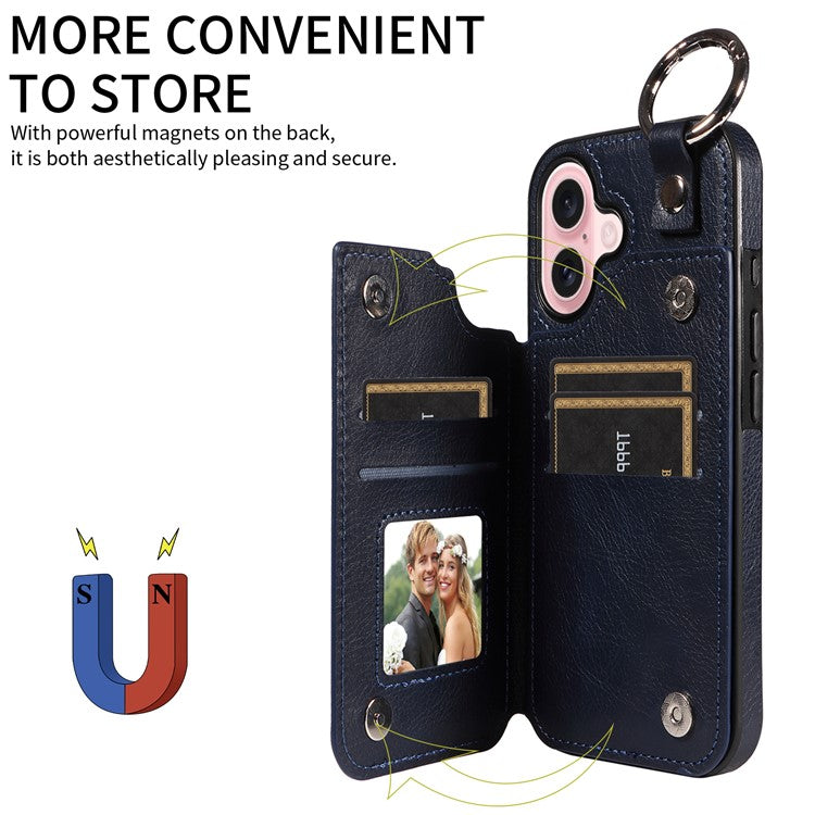 003 For iPhone 16 Case Card Slots Leather Phone Cover Double Magnetic Clasp, Ring Buckle - Sapphire