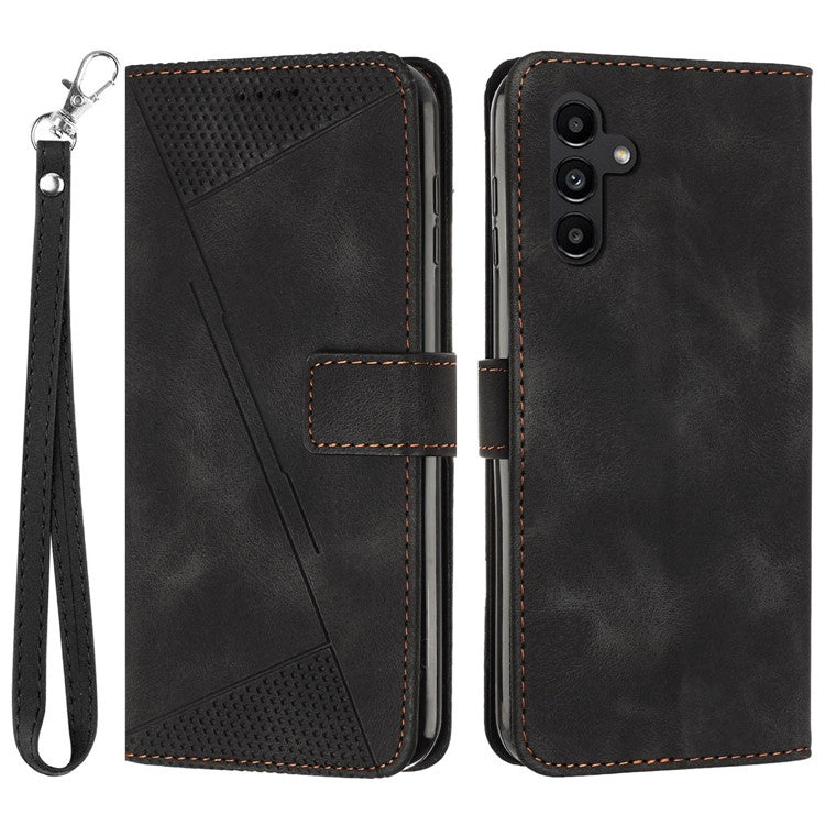 For Samsung Galaxy M35 5G Case Triangle Pattern Leather Phone Cover with Hand Strap Card Slots - Black