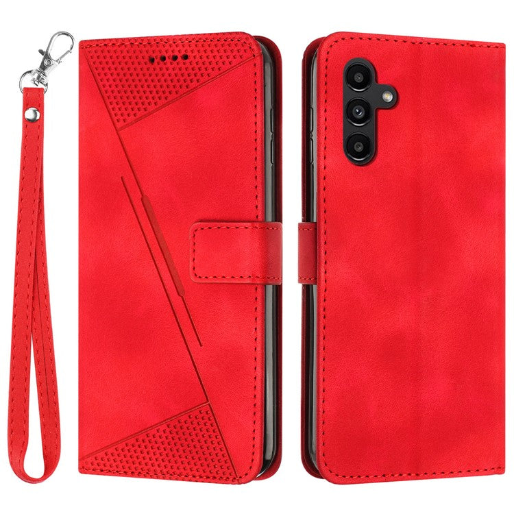 For Samsung Galaxy M35 5G Case Triangle Pattern Leather Phone Cover with Hand Strap Card Slots - Red