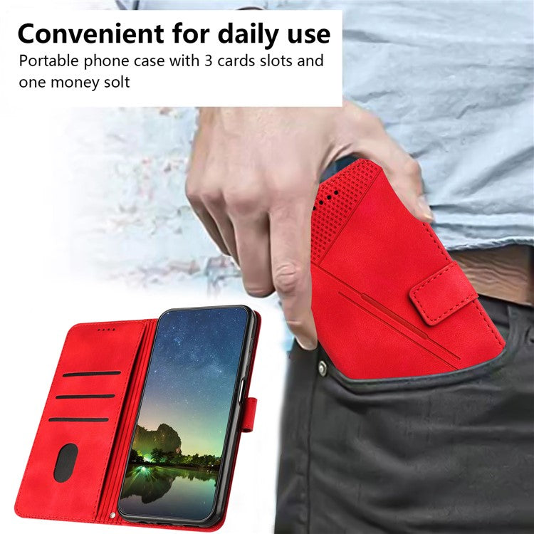 For Samsung Galaxy M35 5G Case Triangle Pattern Leather Phone Cover with Hand Strap Card Slots - Red