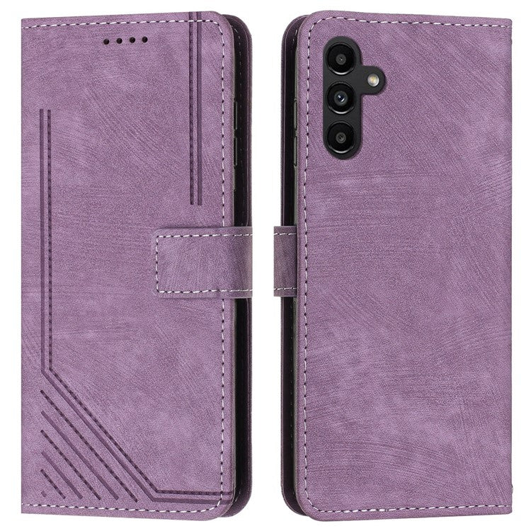For Samsung Galaxy M35 5G Case Imprinted Lines Leather Phone Cover Bookstyle Folding Stand - Purple