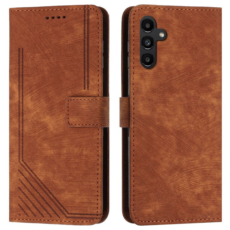 For Samsung Galaxy M35 5G Case Imprinted Lines Leather Phone Cover Bookstyle Folding Stand - Brown