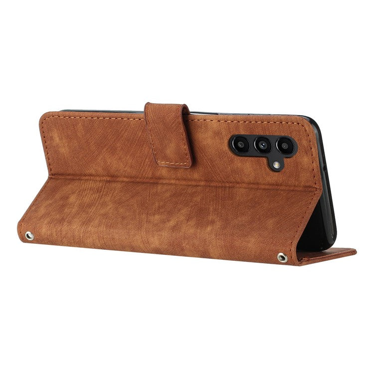For Samsung Galaxy M35 5G Case Imprinted Lines Leather Phone Cover Bookstyle Folding Stand - Brown