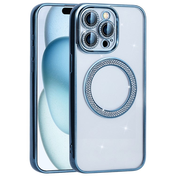 For iPhone 16 Pro Magnetic Case Bling Rhinestone Clear TPU + PC Phone Cover - Blue