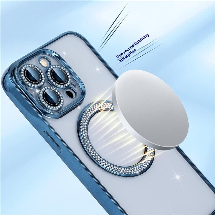 For iPhone 16 Pro Magnetic Case Bling Rhinestone Clear TPU + PC Phone Cover - Blue