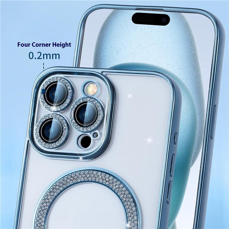 For iPhone 16 Pro Magnetic Case Bling Rhinestone Clear TPU + PC Phone Cover - Blue