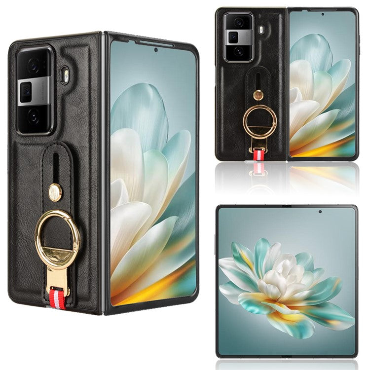 For Honor Magic Vs3 5G Case Leather+PC+TPU Wristband Cover with Bottle Opener Ring - Black