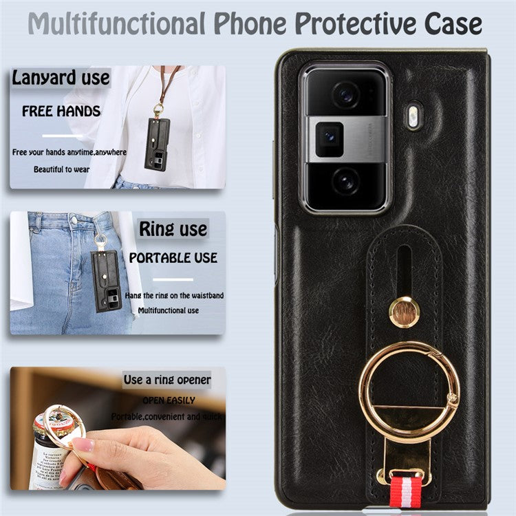 For Honor Magic Vs3 5G Case Leather+PC+TPU Wristband Cover with Bottle Opener Ring - Black