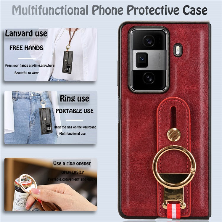 For Honor Magic Vs3 5G Case Leather+PC+TPU Wristband Cover with Bottle Opener Ring - Red