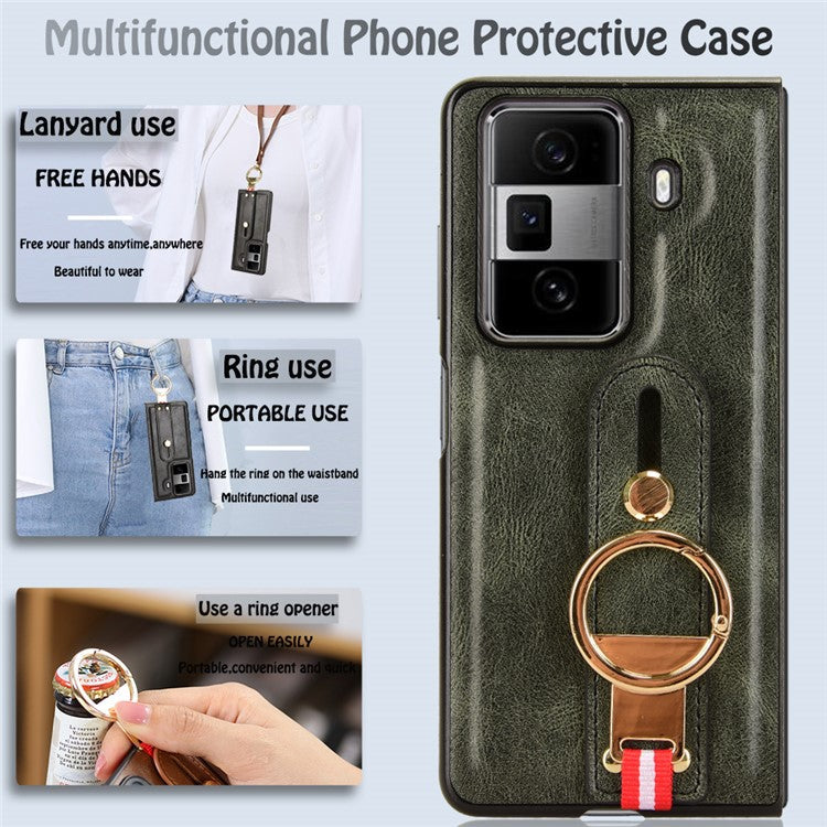 For Honor Magic Vs3 5G Case Leather+PC+TPU Wristband Cover with Bottle Opener Ring - Green