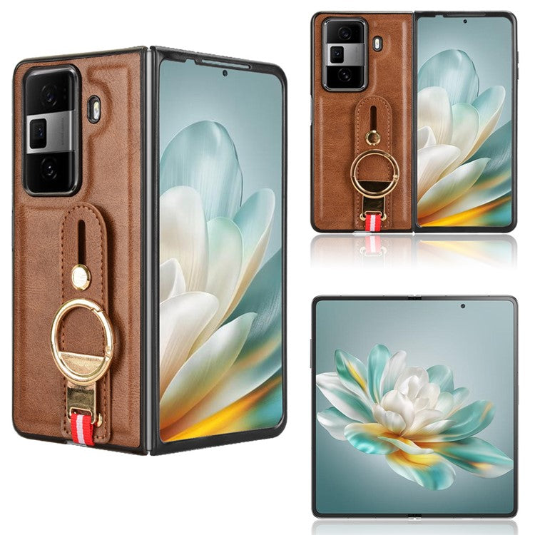 For Honor Magic Vs3 5G Case Leather+PC+TPU Wristband Cover with Bottle Opener Ring - Brown