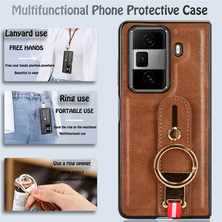 For Honor Magic Vs3 5G Case Leather+PC+TPU Wristband Cover with Bottle Opener Ring - Brown