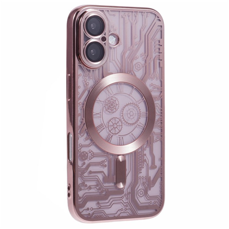 AR Series For iPhone 16 Plus Case Compatible with MagSafe Gear Design TPU Phone Cover with Lens Film - Rose Gold