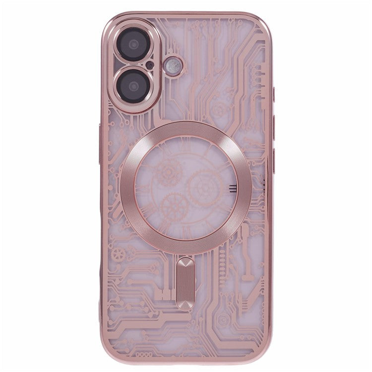 AR Series For iPhone 16 Plus Case Compatible with MagSafe Gear Design TPU Phone Cover with Lens Film - Rose Gold