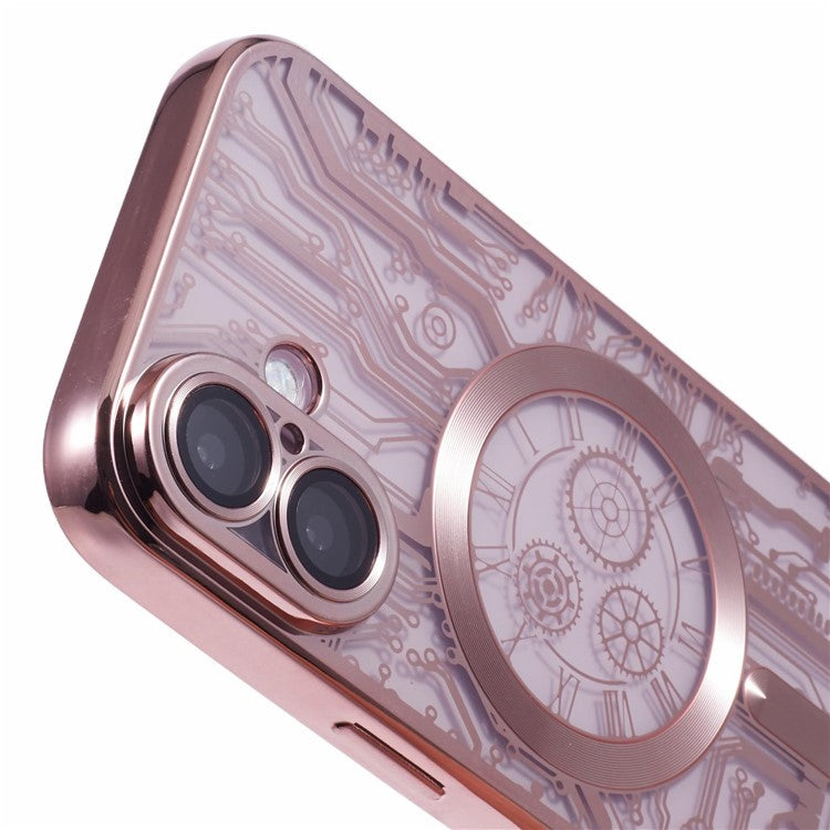 AR Series For iPhone 16 Plus Case Compatible with MagSafe Gear Design TPU Phone Cover with Lens Film - Rose Gold