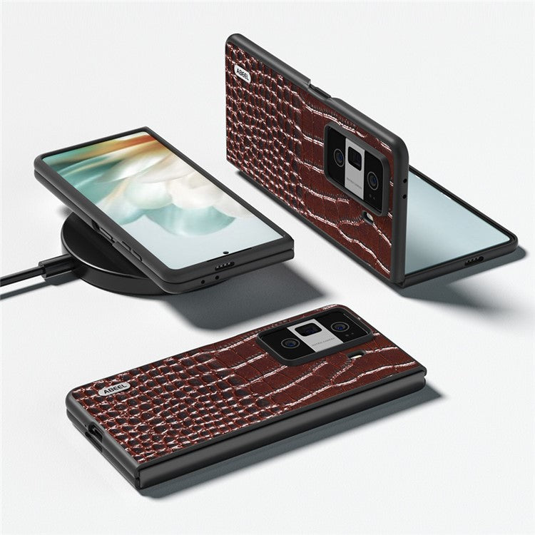 ABEEL For Honor Magic Vs3 5G Case Genuine Cow Leather Back Phone Cover Crocodile Texture - Coffee