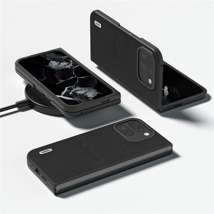 ABEEL For Google Pixel 9 Pro Fold 5G Case Genuine Cow Leather Hard PC Phone Cover - Black