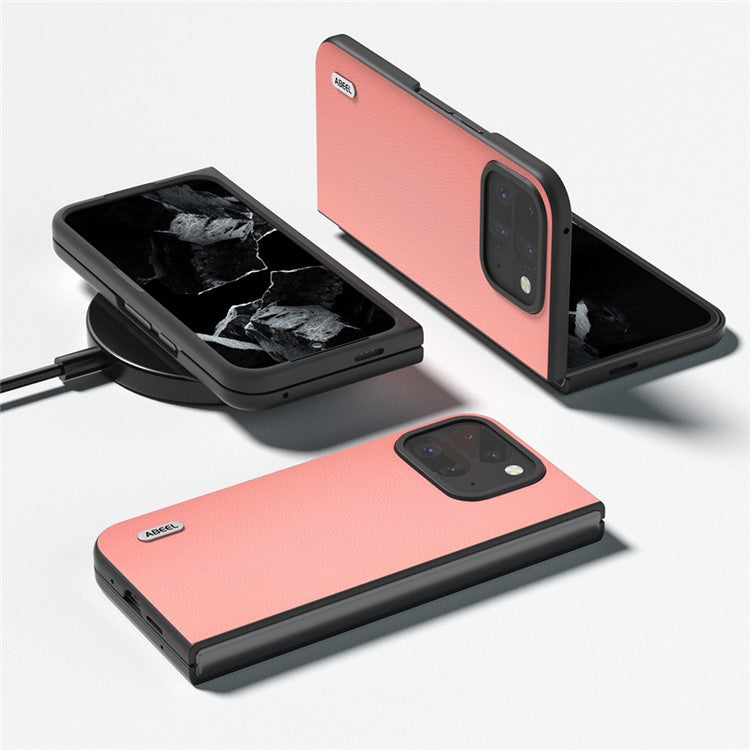 ABEEL For Google Pixel 9 Pro Fold 5G Case Genuine Cow Leather Hard PC Phone Cover - Pink